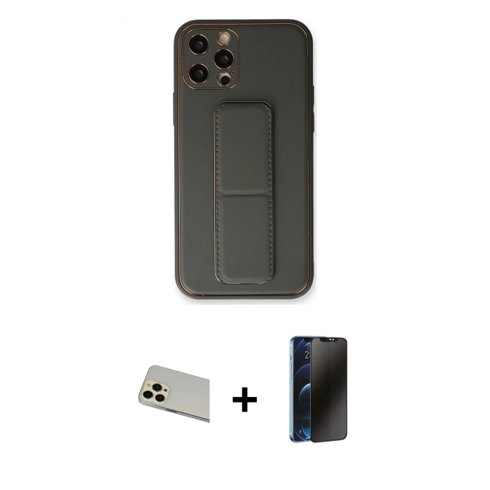 MARSİLYAN™- iPhone 12 Pro Kılıf Akış Doku - Siyah 3D Antistatik Hayalet Cam Ekran Koruyucu + Rainbow Kamera Lens Koruma Cam - GD