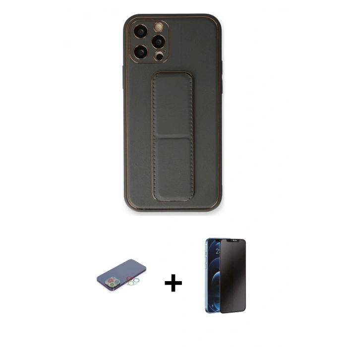 MARSİLYAN™- iPhone 12 Pro Kılıf Akış Doku - Siyah 3D Antistatik Hayalet Cam Ekran Koruyucu + Renkli Kamera Lens Koruma Cam - MI