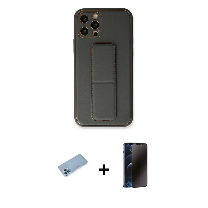 MARSİLYAN™- iPhone 12 Pro Kılıf Akış Doku - Siyah 3D Antistatik Hayalet Cam Ekran Koruyucu + Shine Kamera Lens Koruma Cam - MI