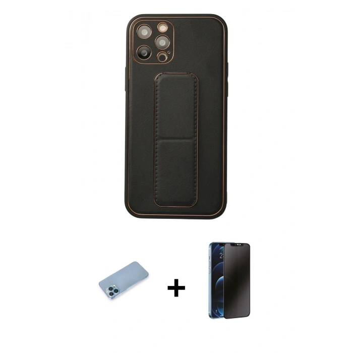 MARSİLYAN™- iPhone 12 Pro Kılıf Akış Doku - Siyah 3D Antistatik Hayalet Cam Ekran Koruyucu + Shine Kamera Lens Koruma Cam - MI