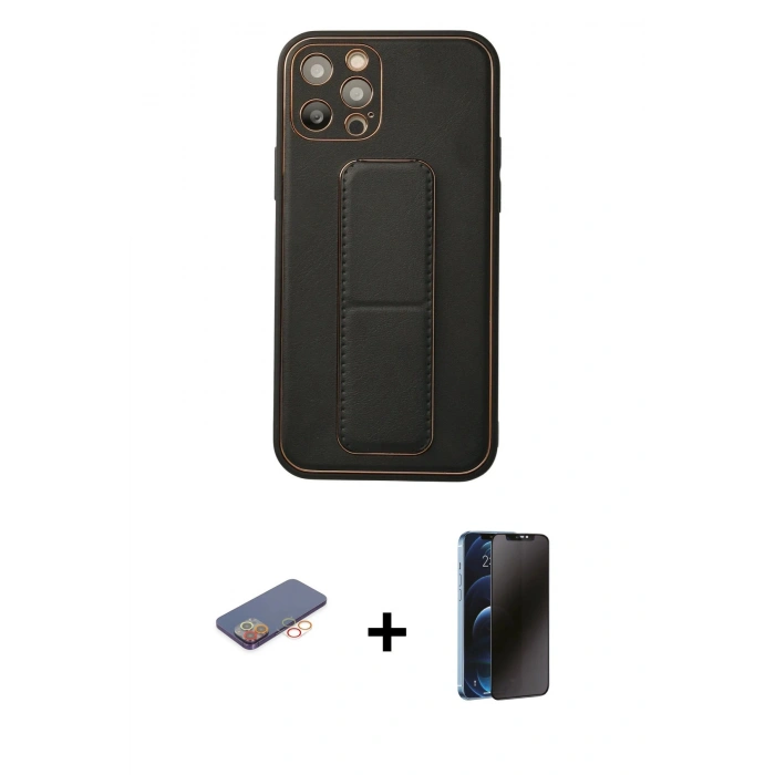 MARSİLYAN™- iPhone 12 Pro Kılıf Akış Doku - Siyah 3D Antistatik Hayalet Cam Ekran Koruyucu + Renkli Kamera Lens Koruma Cam - TU