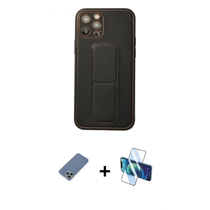 MARSİLYAN™- iPhone 12 Pro Kılıf Akış Doku - Siyah 3D Antistatik Seramik Nano Ekran Koruyucu + Metal Kamera Lens Koruma Cam - AKYL