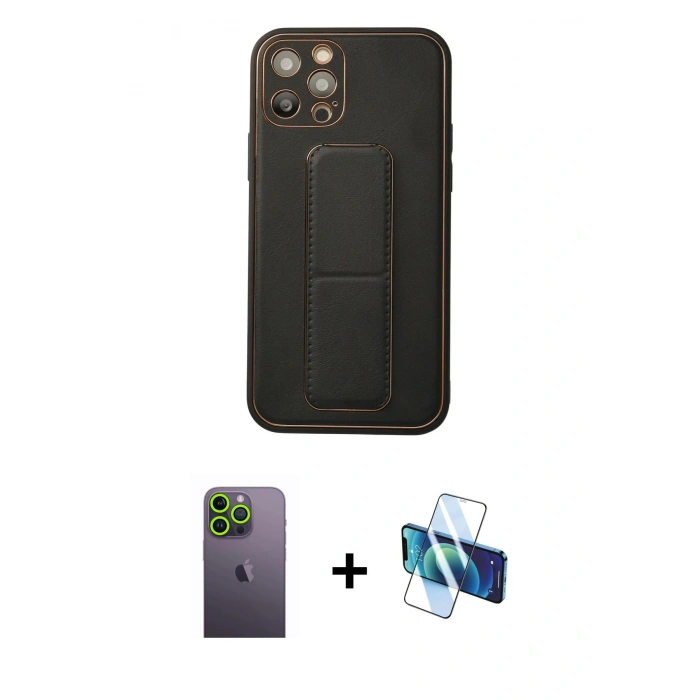 MARSİLYAN™- iPhone 12 Pro Kılıf Akış Doku - Siyah 3D Antistatik Seramik Nano Ekran Koruyucu + Neon Fosforlu Kamera Lens - YL