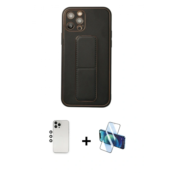 MARSİLYAN™- iPhone 12 Pro Kılıf Akış Doku - Siyah 3D Antistatik Seramik Nano Ekran Koruyucu + Shine Kamera Lens - GS