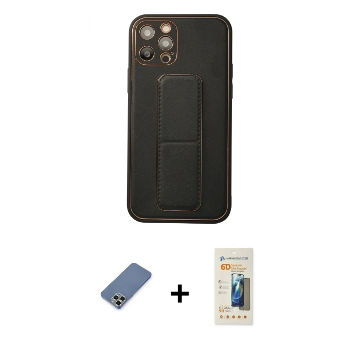 MARSİLYAN™- iPhone 12 Pro Kılıf Akış Doku - Siyah 6D Mat Seramik Hayalet Nano Ekran Koruyucu + Metal Kamera Lens Koruma Cam - AKYL