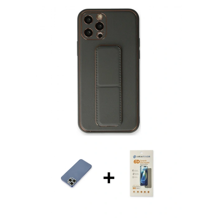 MARSİLYAN™- iPhone 12 Pro Kılıf Akış Doku - Siyah 6D Mat Seramik Hayalet Nano Ekran Koruyucu + Metal Kamera Lens Koruma Cam - AKYL