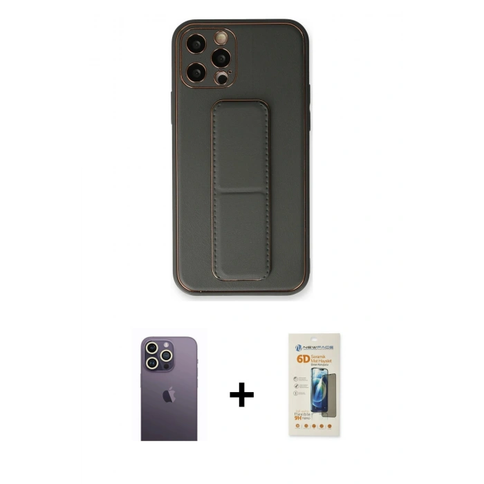MARSİLYAN™- iPhone 12 Pro Kılıf Akış Doku - Siyah 6D Mat Seramik Hayalet Nano Ekran Koruyucu + Beyaz Neon Fosforlu Kamera Lens