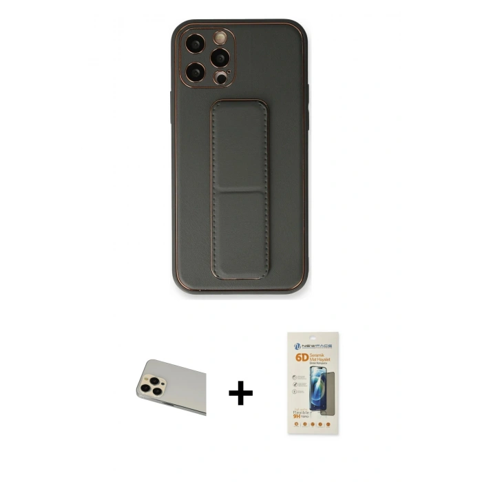 MARSİLYAN™- iPhone 12 Pro Kılıf Akış Doku - Siyah 6D Mat Seramik Hayalet Nano Ekran Koruyucu + Rainbow Kamera Lens Koruma Cam - GD