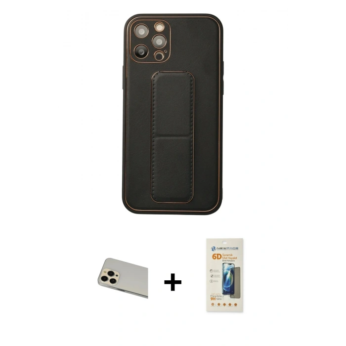 MARSİLYAN™- iPhone 12 Pro Kılıf Akış Doku - Siyah 6D Mat Seramik Hayalet Nano Ekran Koruyucu + Rainbow Kamera Lens Koruma Cam - GD