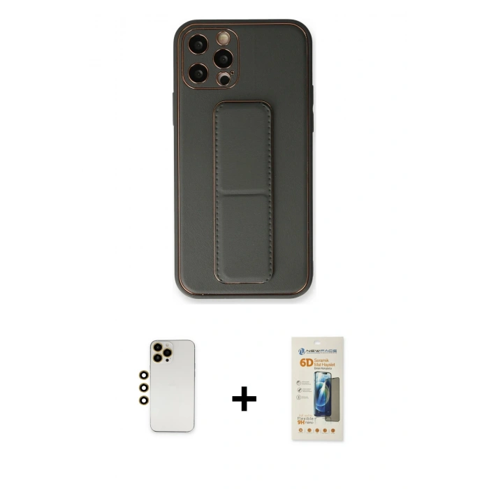 MARSİLYAN™- iPhone 12 Pro Kılıf Akış Doku - Siyah 6D Mat Seramik Hayalet Nano Ekran Koruyucu + Shine Kamera Lens - GD