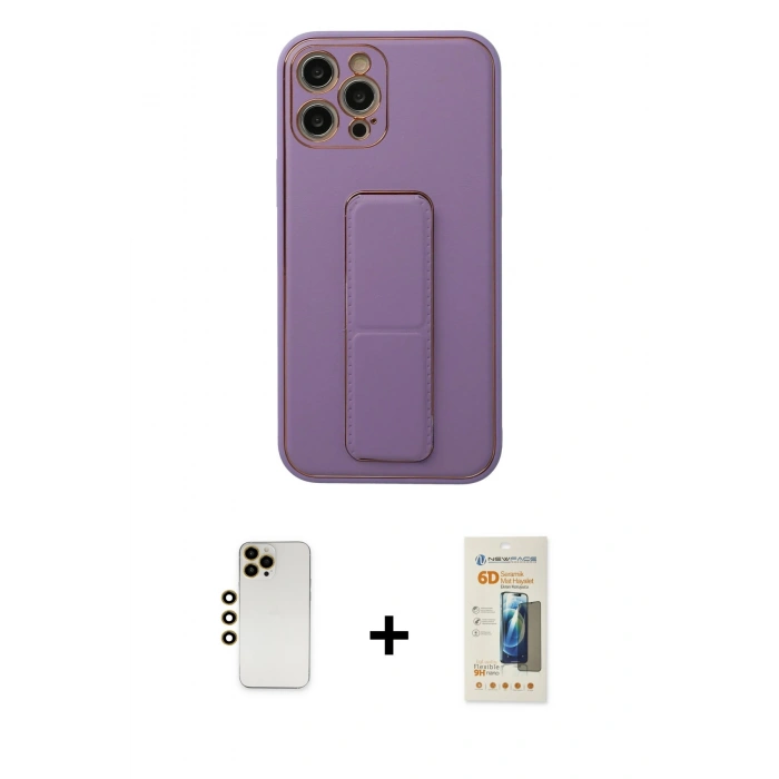 MARSİLYAN™- iPhone 12 Pro Kılıf Akış Doku - Siyah 6D Mat Seramik Hayalet Nano Ekran Koruyucu + Shine Kamera Lens - GD