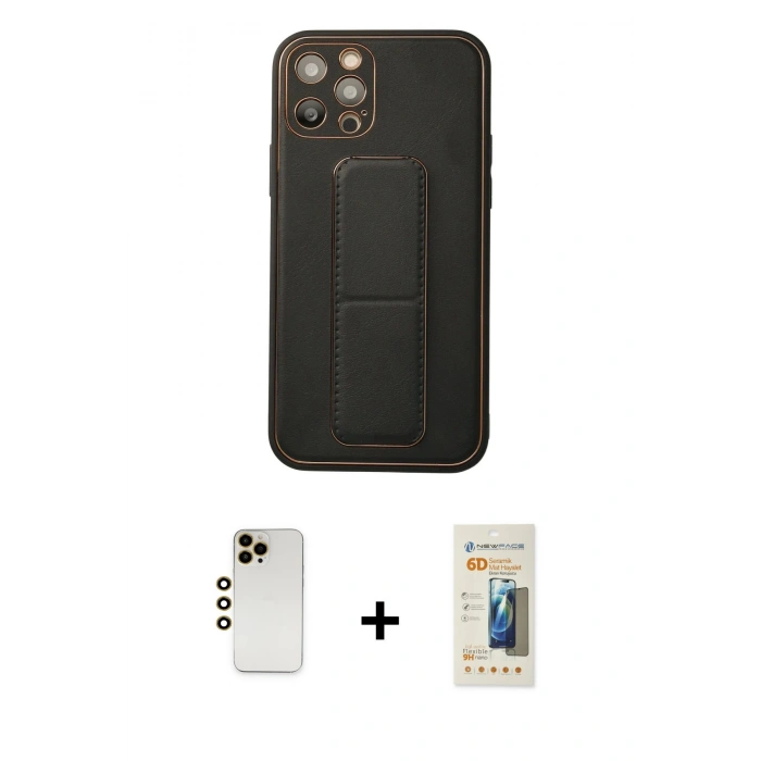 MARSİLYAN™- iPhone 12 Pro Kılıf Akış Doku - Siyah 6D Mat Seramik Hayalet Nano Ekran Koruyucu + Shine Kamera Lens - GD