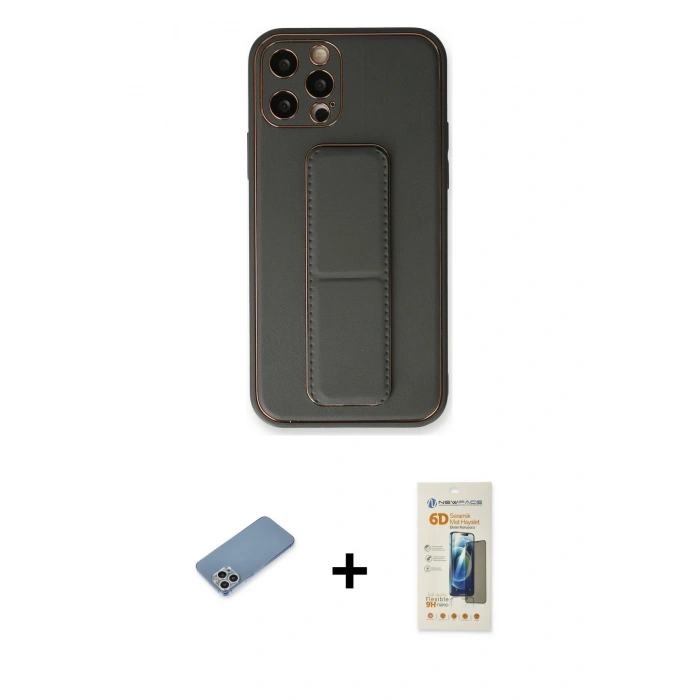 MARSİLYAN™- iPhone 12 Pro Kılıf Akış Doku - Siyah 6D Mat Seramik Hayalet Nano Ekran Koruyucu + Shine Kamera Lens Koruma Cam - GS
