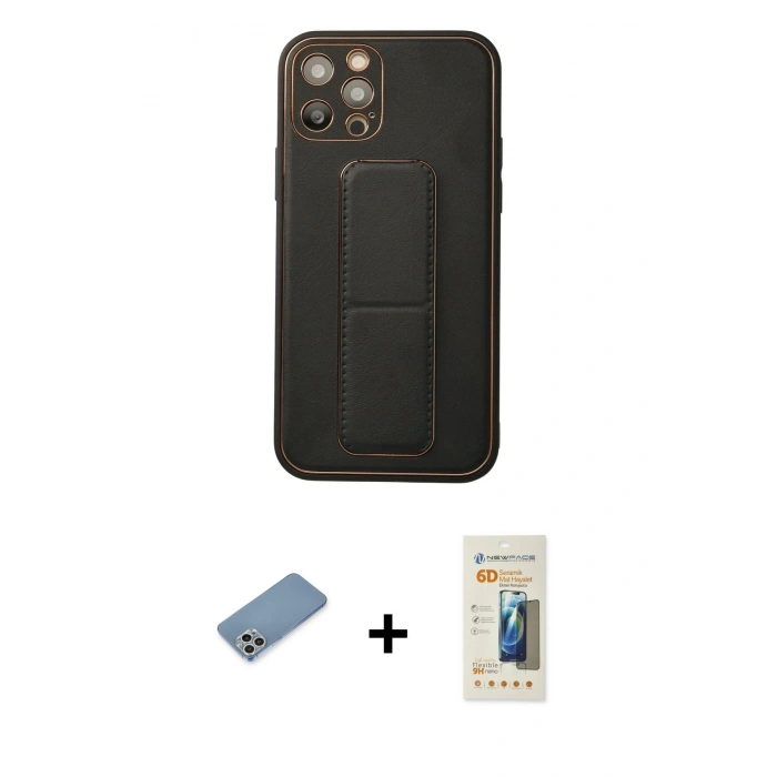 MARSİLYAN™- iPhone 12 Pro Kılıf Akış Doku - Siyah 6D Mat Seramik Hayalet Nano Ekran Koruyucu + Shine Kamera Lens Koruma Cam - GS