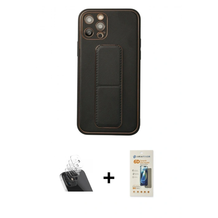 MARSİLYAN™- iPhone 12 Pro Kılıf Akış Doku - Siyah 6D Mat Seramik Hayalet Nano Ekran Koruyucu + Kamera Lens Koruma Cam - SF