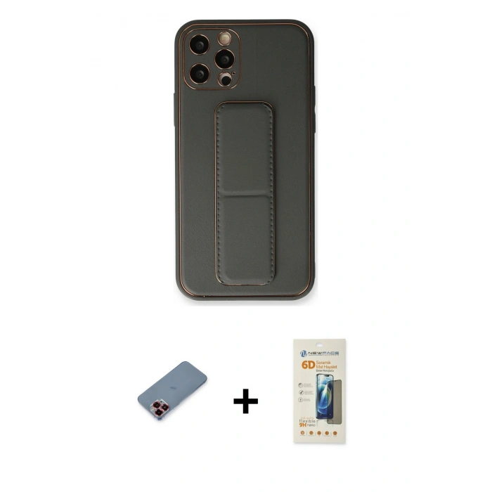 MARSİLYAN™- iPhone 12 Pro Kılıf Akış Doku - Siyah 6D Mat Seramik Hayalet Nano Ekran Koruyucu + Metal Kamera Lens Koruma Cam - KI