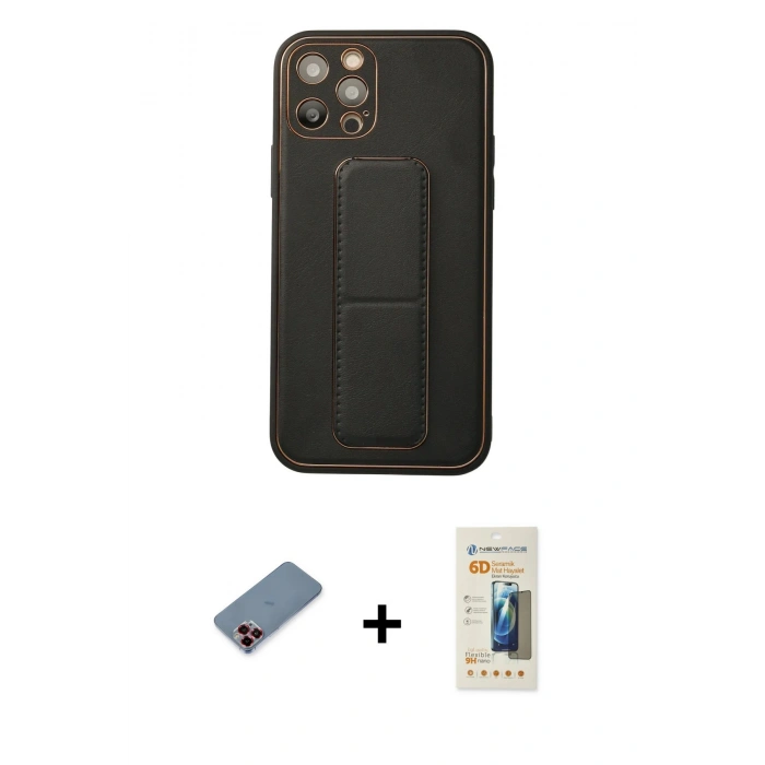 MARSİLYAN™- iPhone 12 Pro Kılıf Akış Doku - Siyah 6D Mat Seramik Hayalet Nano Ekran Koruyucu + Metal Kamera Lens Koruma Cam - KI
