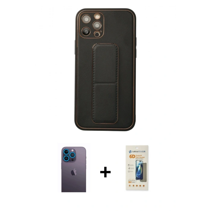 MARSİLYAN™- iPhone 12 Pro Kılıf Akış Doku - Siyah 6D Mat Seramik Hayalet Nano Ekran Koruyucu + Neon Fosforlu Kamera Lens - MI