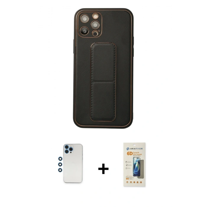 MARSİLYAN™- iPhone 12 Pro Kılıf Akış Doku - Siyah 6D Mat Seramik Hayalet Nano Ekran Koruyucu + Shine Kamera Lens - MI