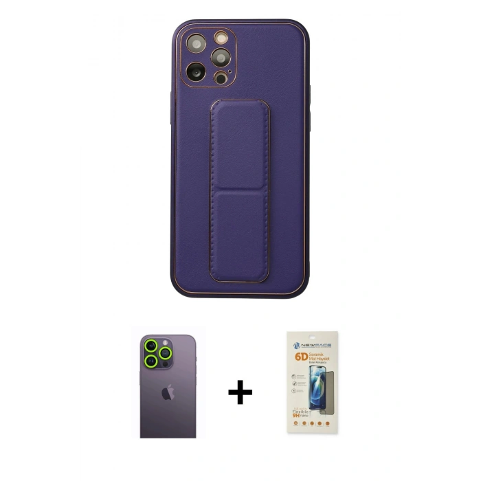 MARSİLYAN™- iPhone 12 Pro Kılıf Akış Doku - Siyah 6D Mat Seramik Hayalet Nano Ekran Koruyucu + Neon Fosforlu Kamera Lens - YL