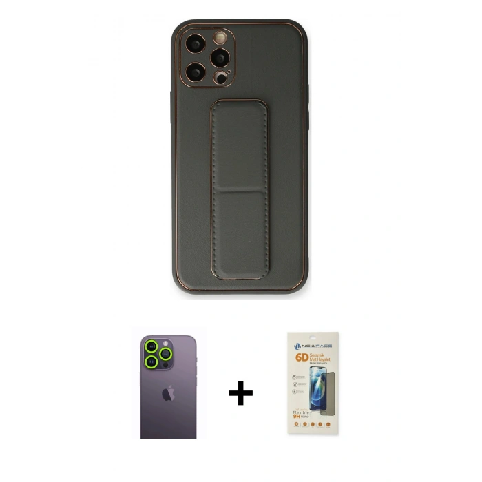 MARSİLYAN™- iPhone 12 Pro Kılıf Akış Doku - Siyah 6D Mat Seramik Hayalet Nano Ekran Koruyucu + Neon Fosforlu Kamera Lens - YL