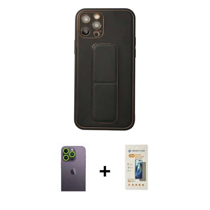 MARSİLYAN™- iPhone 12 Pro Kılıf Akış Doku - Siyah 6D Mat Seramik Hayalet Nano Ekran Koruyucu + Neon Fosforlu Kamera Lens - YL