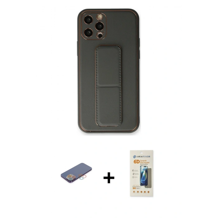 MARSİLYAN™- iPhone 12 Pro Kılıf Akış Doku - Siyah 6D Mat Seramik Hayalet Nano Ekran Koruyucu + Renkli Kamera Lens Koruma Cam - PE