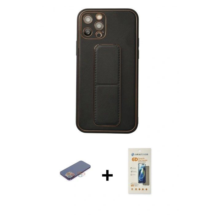 MARSİLYAN™- iPhone 12 Pro Kılıf Akış Doku - Siyah 6D Mat Seramik Hayalet Nano Ekran Koruyucu + Renkli Kamera Lens Koruma Cam - PE