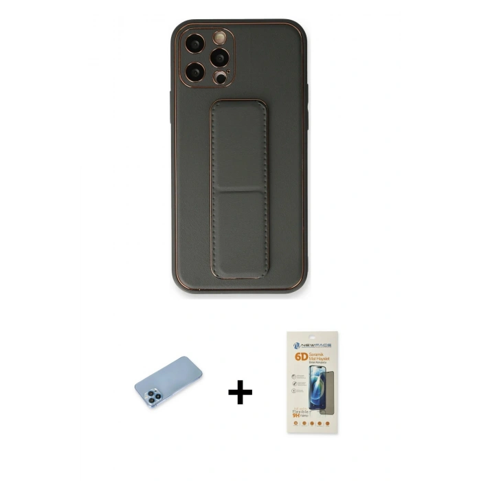 MARSİLYAN™- iPhone 12 Pro Kılıf Akış Doku - Siyah 6D Mat Seramik Hayalet Nano Ekran Koruyucu + Shine Kamera Lens Koruma Cam - MI
