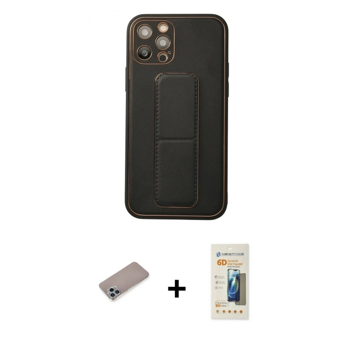 MARSİLYAN™- iPhone 12 Pro Kılıf Akış Doku - Siyah 6D Mat Seramik Hayalet Nano Ekran Koruyucu + Shine Kamera Lens Koruma Cam - SABE