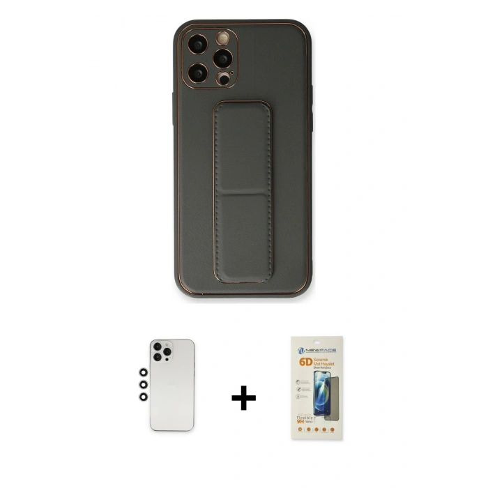 MARSİLYAN™- iPhone 12 Pro Kılıf Akış Doku - Siyah 6D Mat Seramik Hayalet Nano Ekran Koruyucu + Shine Kamera Lens - GS