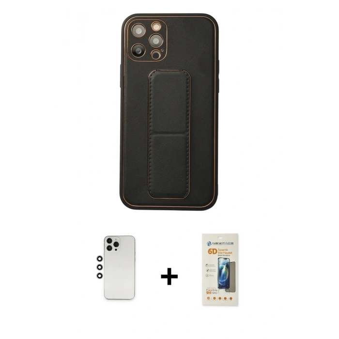 MARSİLYAN™- iPhone 12 Pro Kılıf Akış Doku - Siyah 6D Mat Seramik Hayalet Nano Ekran Koruyucu + Shine Kamera Lens - GS