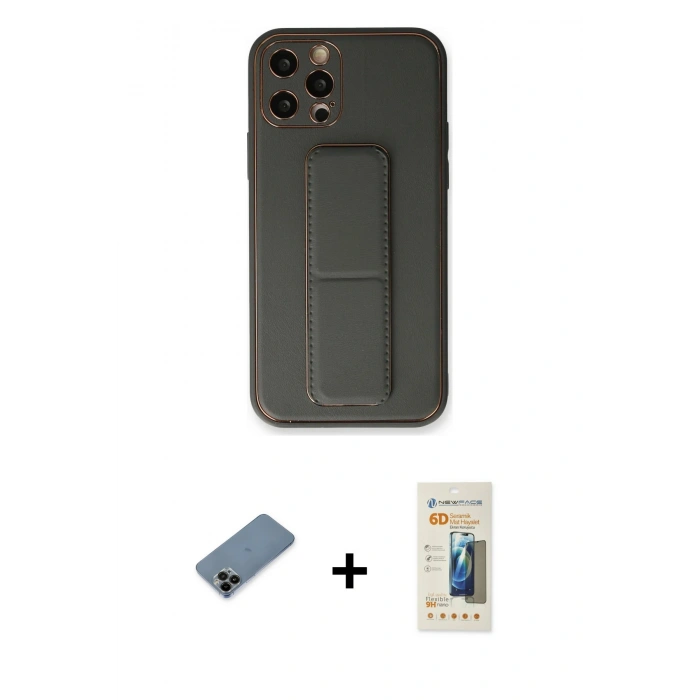 MARSİLYAN™- iPhone 12 Pro Kılıf Akış Doku - Siyah 6D Mat Seramik Hayalet Nano Ekran Koruyucu + Shine Kamera Lens Koruma Cam - SH