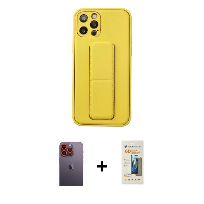 MARSİLYAN™- iPhone 12 Pro Kılıf Akış Doku - Siyah 6D Mat Seramik Hayalet Nano Ekran Koruyucu + Neon Fosforlu Kamera Lens - TU