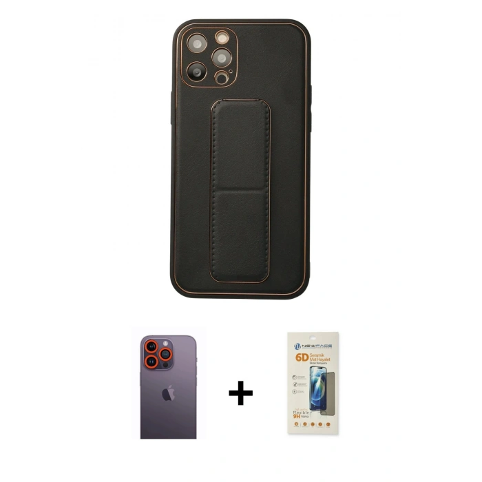 MARSİLYAN™- iPhone 12 Pro Kılıf Akış Doku - Siyah 6D Mat Seramik Hayalet Nano Ekran Koruyucu + Neon Fosforlu Kamera Lens - TU