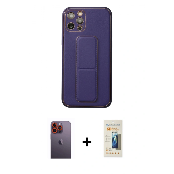 MARSİLYAN™- iPhone 12 Pro Kılıf Akış Doku - Siyah 6D Mat Seramik Hayalet Nano Ekran Koruyucu + Neon Fosforlu Kamera Lens - TU