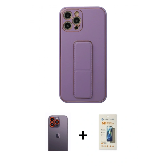 MARSİLYAN™- iPhone 12 Pro Kılıf Akış Doku - Siyah 6D Mat Seramik Hayalet Nano Ekran Koruyucu + Neon Fosforlu Kamera Lens - TU