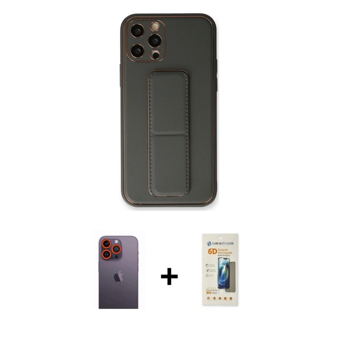 MARSİLYAN™- iPhone 12 Pro Kılıf Akış Doku - Siyah 6D Mat Seramik Hayalet Nano Ekran Koruyucu + Neon Fosforlu Kamera Lens - TU