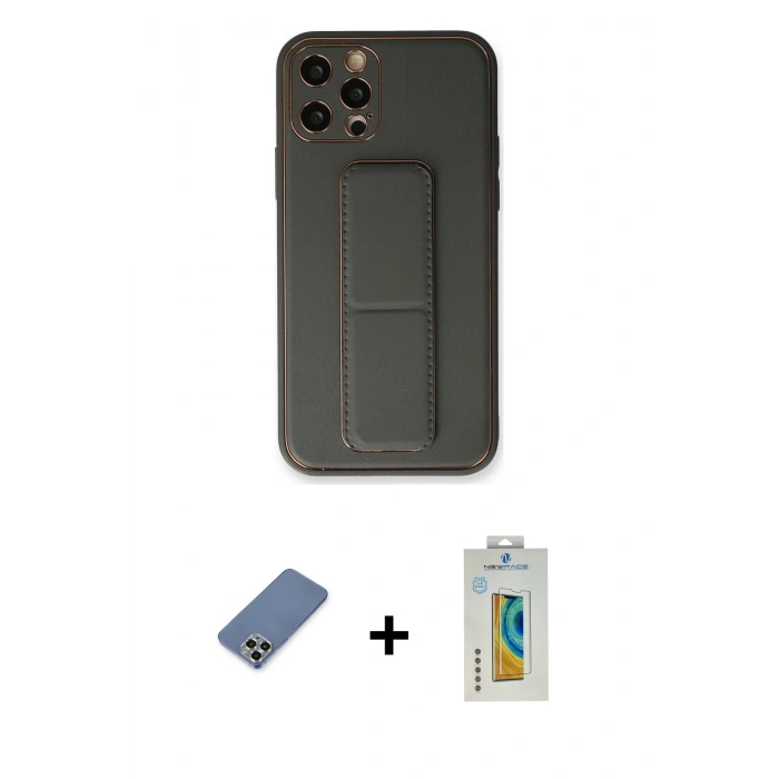 MARSİLYAN™- iPhone 12 Pro Kılıf Akış Doku - Siyah Polymer Nano Ekran Koruyucu + Metal Kamera Lens Koruma Cam - AKYL