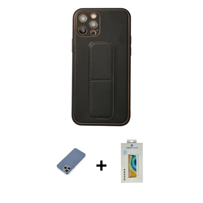 MARSİLYAN™- iPhone 12 Pro Kılıf Akış Doku - Siyah Polymer Nano Ekran Koruyucu + Metal Kamera Lens Koruma Cam - AKYL