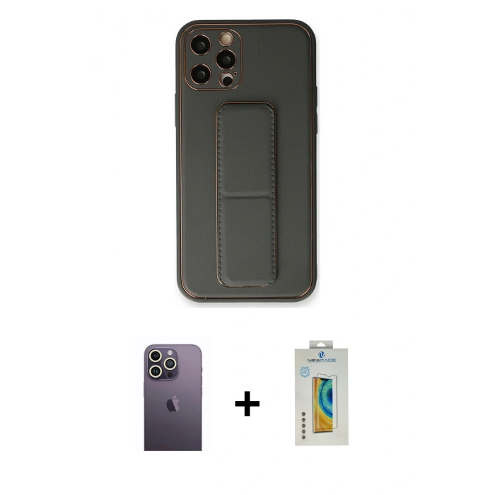 MARSİLYAN™- iPhone 12 Pro Kılıf Akış Doku - Siyah Polymer Nano Ekran Koruyucu + Neon Fosforlu Kamera Lens - BZ