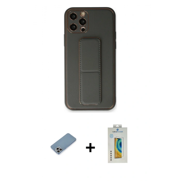 MARSİLYAN™- iPhone 12 Pro Kılıf Akış Doku - Siyah Polymer Nano Ekran Koruyucu + Shine Kamera Lens Koruma Cam - GI