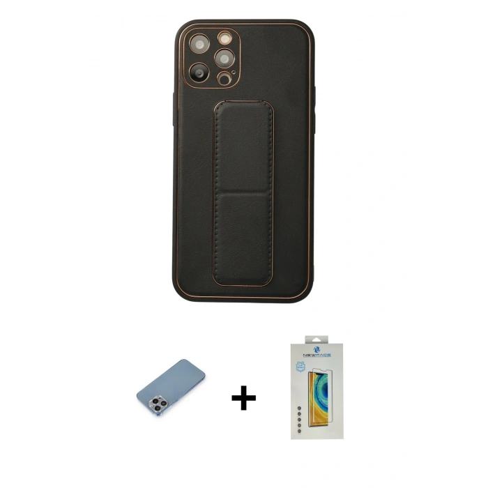 MARSİLYAN™- iPhone 12 Pro Kılıf Akış Doku - Siyah Polymer Nano Ekran Koruyucu + Shine Kamera Lens Koruma Cam - GI