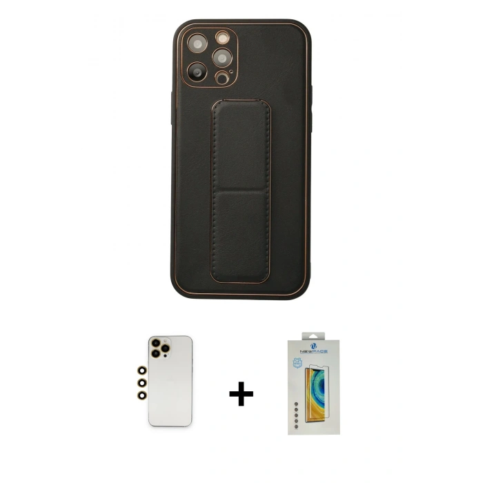 MARSİLYAN™- iPhone 12 Pro Kılıf Akış Doku - Siyah Polymer Nano Ekran Koruyucu + Shine Kamera Lens - GD