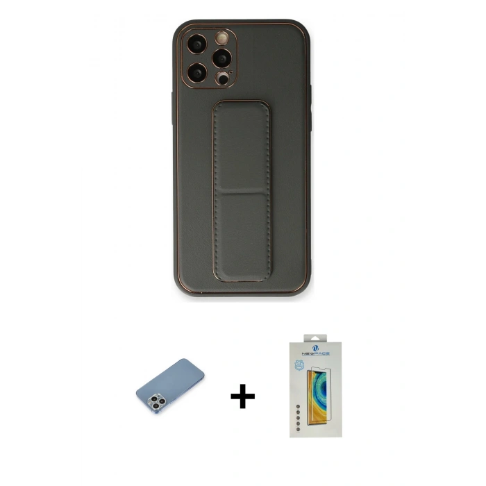 MARSİLYAN™- iPhone 12 Pro Kılıf Akış Doku - Siyah Polymer Nano Ekran Koruyucu + Shine Kamera Lens Koruma Cam - GS