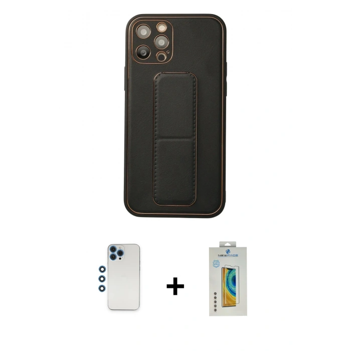 MARSİLYAN™- iPhone 12 Pro Kılıf Akış Doku - Siyah Polymer Nano Ekran Koruyucu + Mavi Shine Kamera Lens