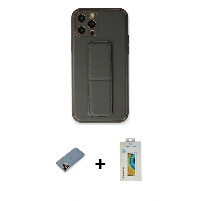 MARSİLYAN™- iPhone 12 Pro Kılıf Akış Doku - Siyah Polymer Nano Ekran Koruyucu + Metal Kamera Lens Koruma Cam - KI