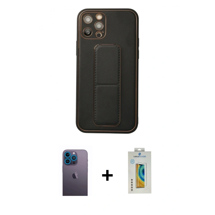 MARSİLYAN™- iPhone 12 Pro Kılıf Akış Doku - Siyah Polymer Nano Ekran Koruyucu + Neon Fosforlu Kamera Lens - MI