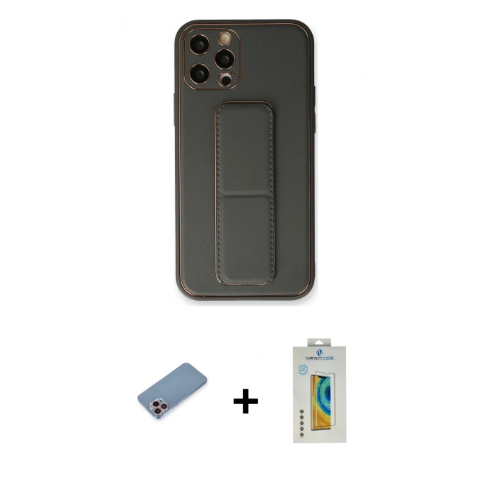 MARSİLYAN™- iPhone 12 Pro Kılıf Akış Doku - Siyah Polymer Nano Ekran Koruyucu + Shine Kamera Lens Koruma Cam - PE