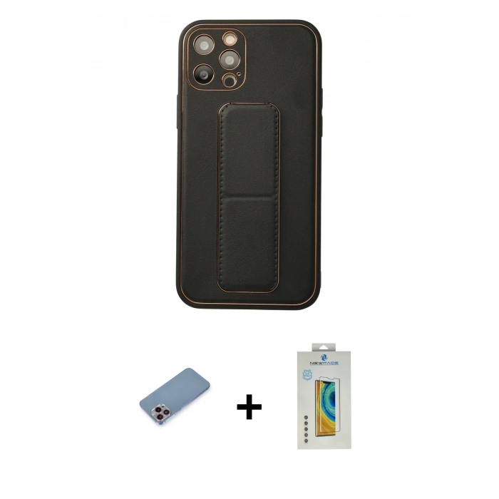 MARSİLYAN™- iPhone 12 Pro Kılıf Akış Doku - Siyah Polymer Nano Ekran Koruyucu + Shine Kamera Lens Koruma Cam - PE